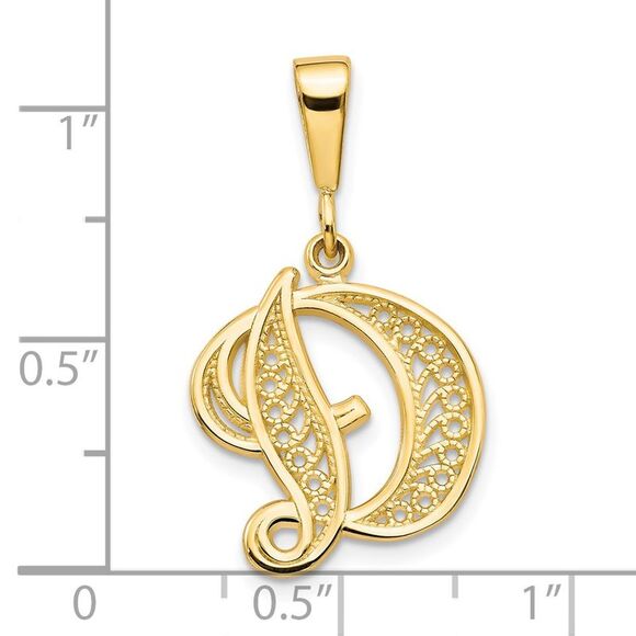 14k Yellow Gold, Maci Collection, LG Filigree Script Initial D Pendant - Picture 4 of 5